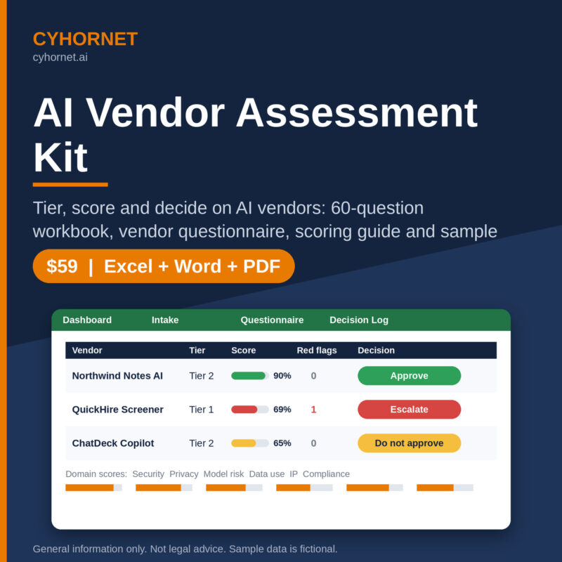 AI Vendor Assessment Kit: 60-Question Scoring Workbook, Vendor Questionnaire & Guide (Excel, Word, PDF)