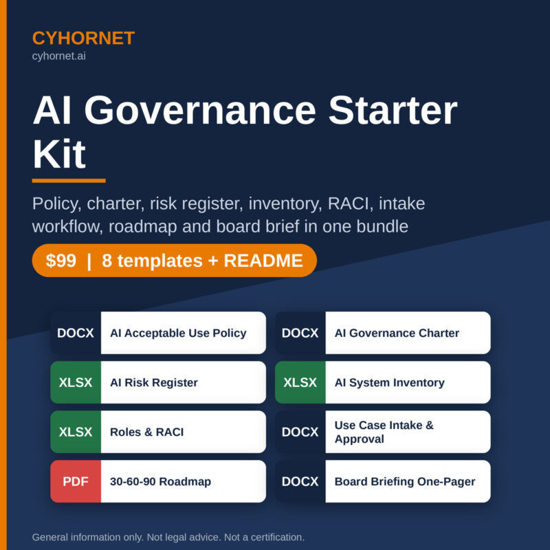 AI Governance Starter Kit: Policy, Charter, Risk Register, Inventory, RACI & 90-Day Roadmap (Word, Excel, PDF)